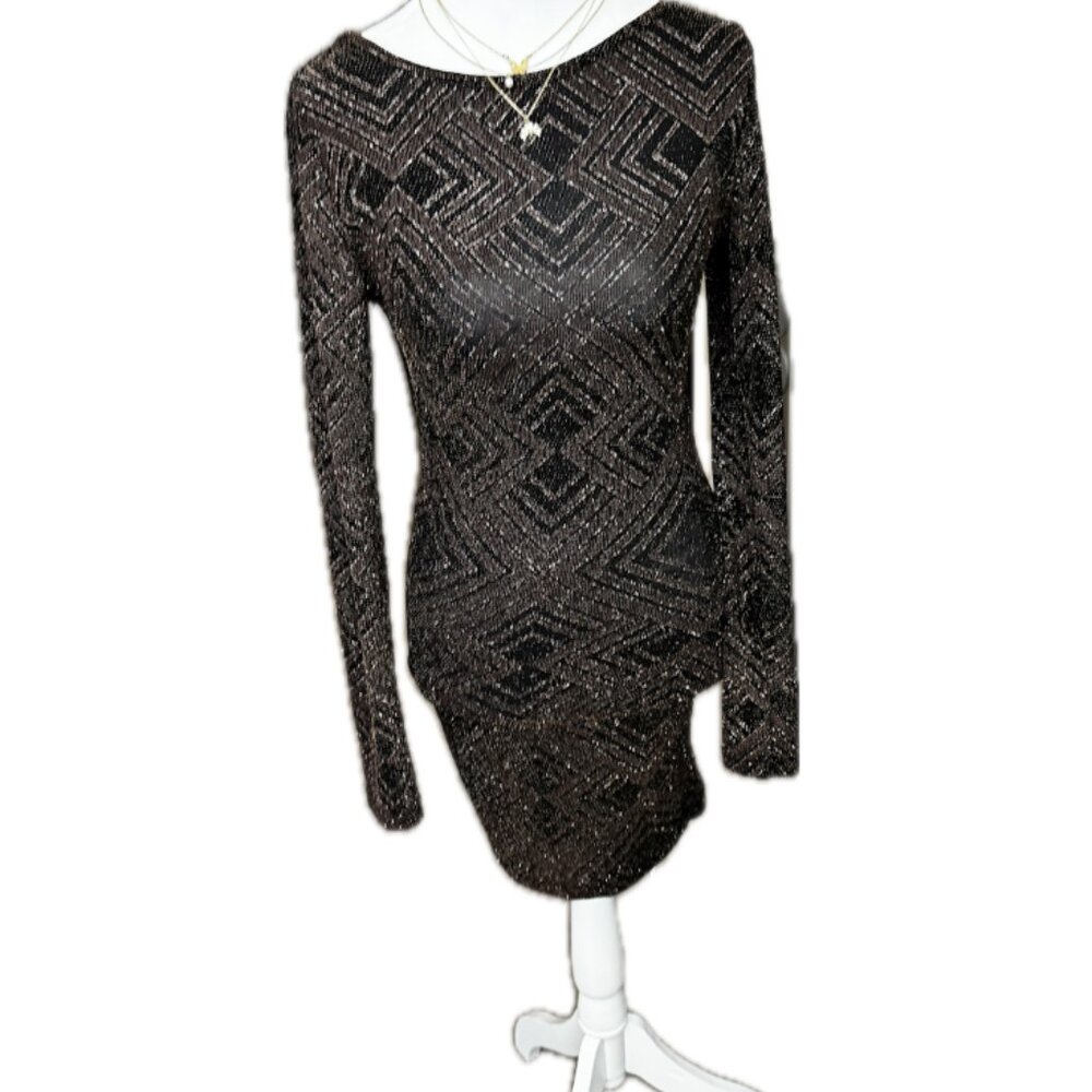 Black Long Sleeve Sparkly Patterned Bodycon Dress with low open back